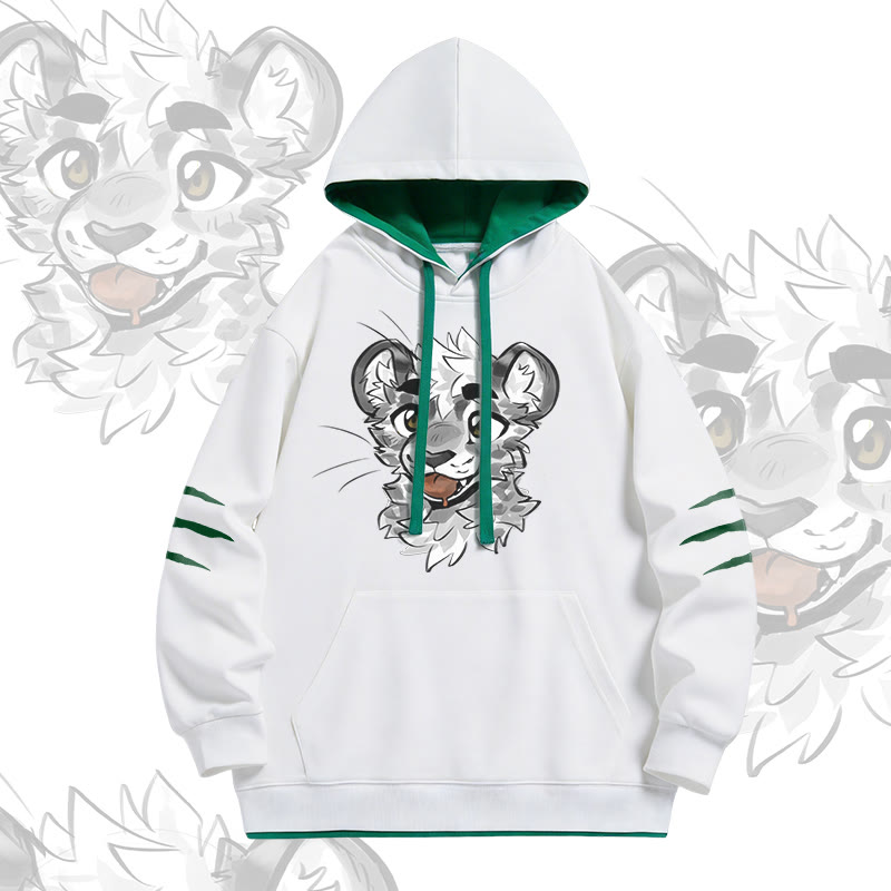 MODAKAWA X atka Cheeky Tiger Face Graphic Oversized Contrast Lining Pullover Hoodie - White - 4XL - image 2