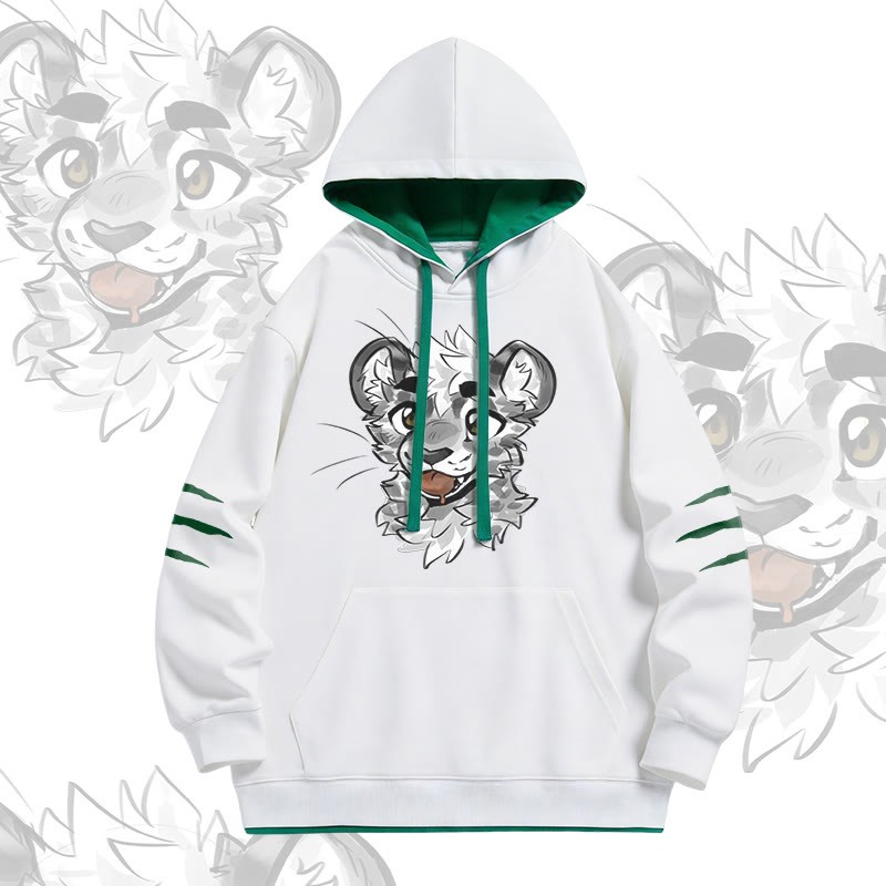 MODAKAWA X atka Cheeky Tiger Face Graphic Oversized Contrast Lining Pullover Hoodie - White - 4XL - image 2