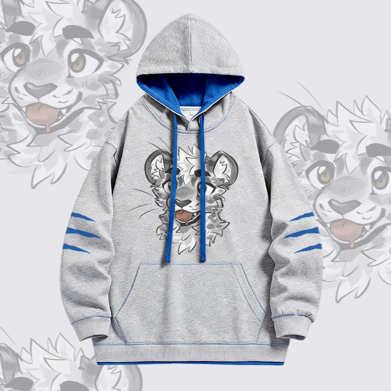 MODAKAWA X atka Cheeky Tiger Face Graphic Oversized Contrast Lining Pullover Hoodie - Grey - 4XL - image 1
