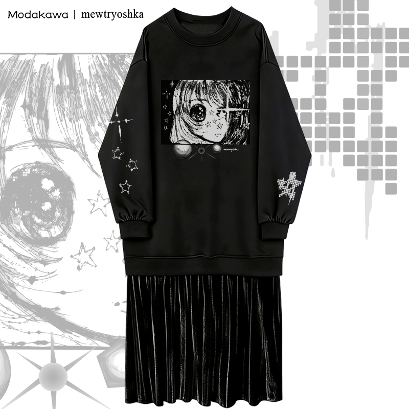 MODAKAWA X mewtryoshka Starry-Eyed Girl Graphic Fleece Lined Sweatshirt Dress - Black - 2XL - image 1