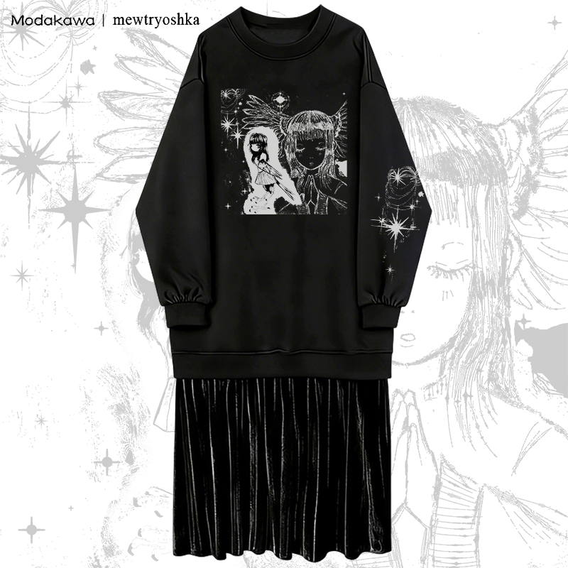 MODAKAWA X mewtryoshka Praying Angel Girl Graphic Fleece Lined Sweatshirt Dress - Black - 2XL - image 1
