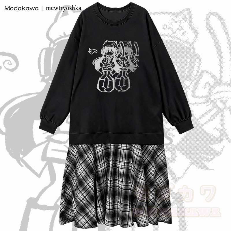 MODAKAWA X mewtryoshka シャドウウィングガール グラフィック チェック柄 スウェットシャツ ドレス - 黒 - 2XL - image 1