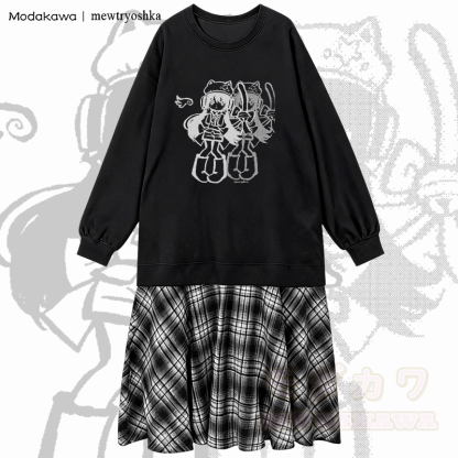 MODAKAWA X mewtryoshka シャドウウィングガール グラフィック チェック柄 スウェットシャツ ドレス - 黒 - 2XL - image 1