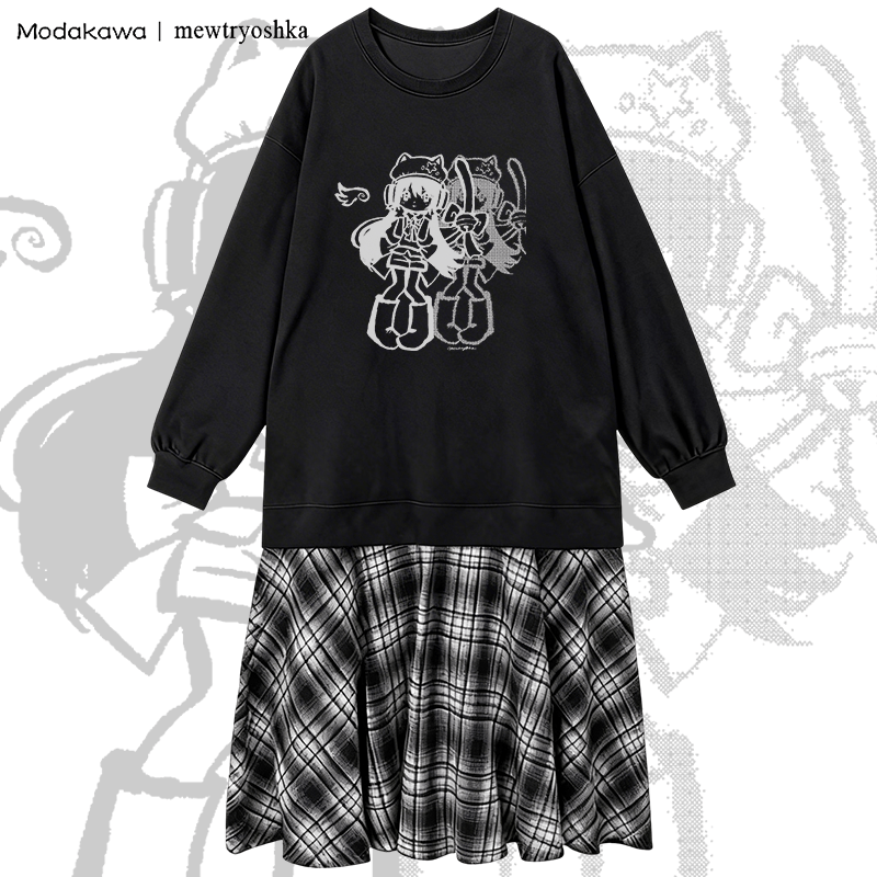MODAKAWA X mewtryoshka Shadow Wing Girl Graphic Plaid Sweatshirt Dress - Black - 2XL - image 1