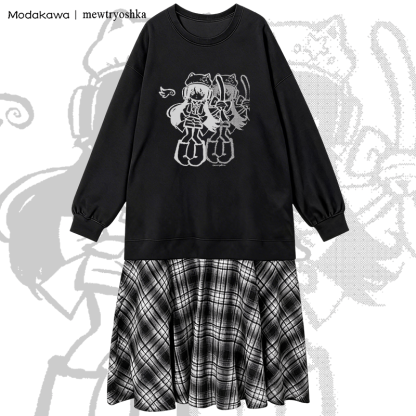 MODAKAWA X mewtryoshka Shadow Wing Girl Graphic Plaid Sweatshirt Dress - Black - 2XL - image 1