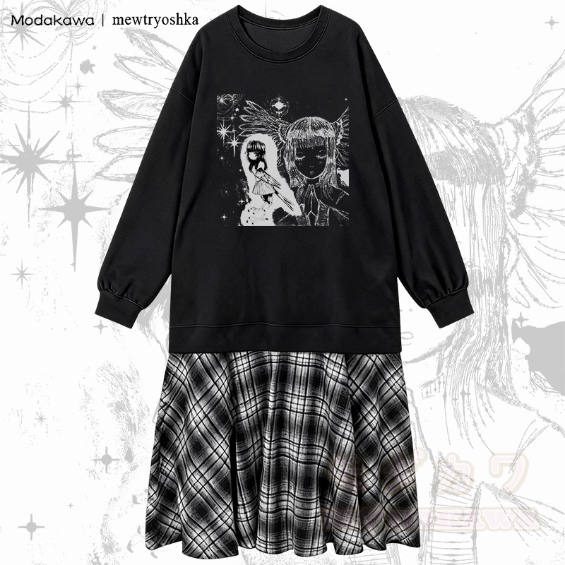 MODAKAWA X mewtryoshka 祈る天使の少女グラフィックチェック柄スウェットシャツドレス - 黒 - 2XL - image 1