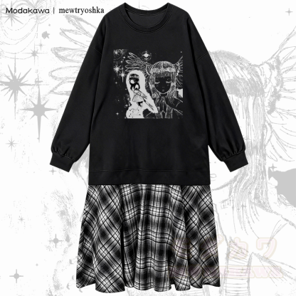 MODAKAWA X mewtryoshka 祈る天使の少女グラフィックチェック柄スウェットシャツドレス - 黒 - 2XL - image 1