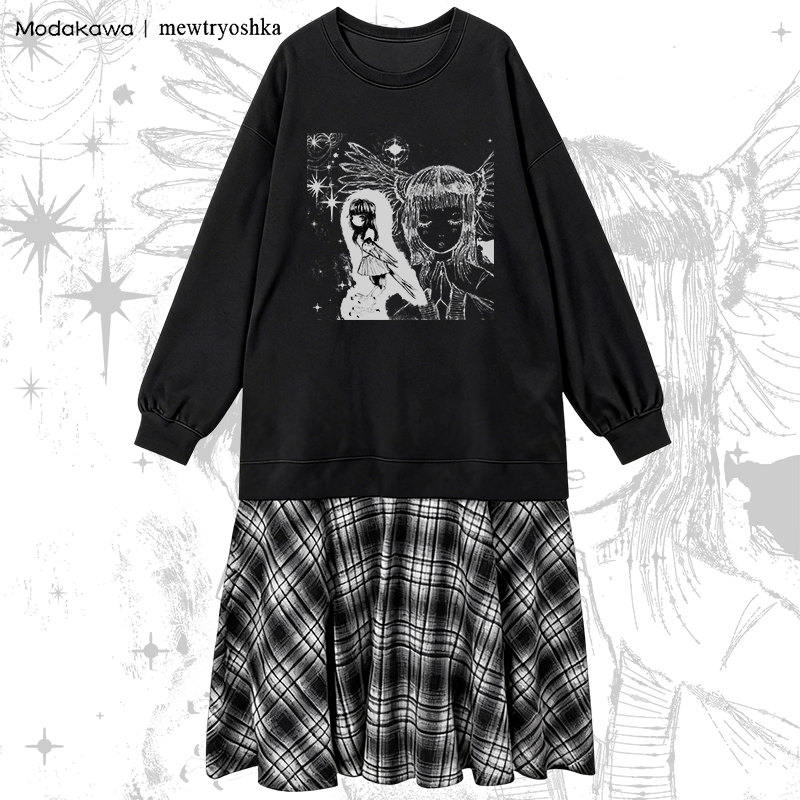 MODAKAWA X mewtryoshka Praying Angel Girl Graphic Plaid Sweatshirt Dress - Black - 2XL - image 1