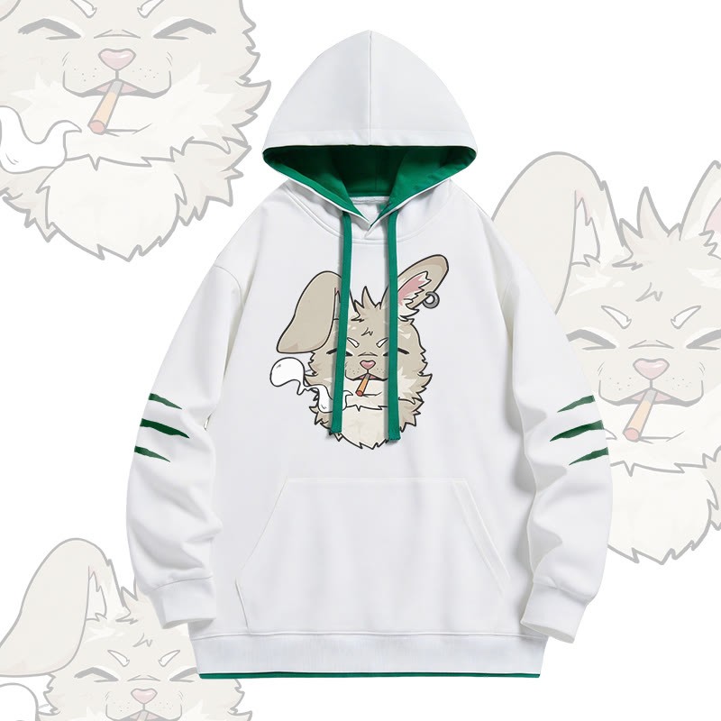 NABI Smoking Bunny Graphic Modakawa Oversized Contrast Lining Pullover Hoodie - White - 4XL - image 1