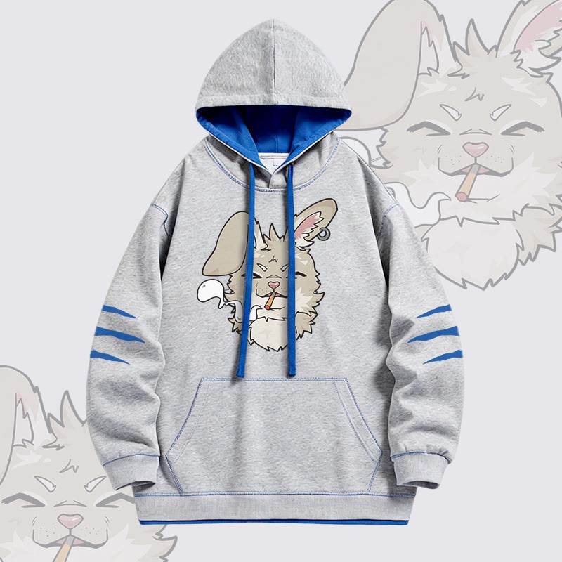 NABI Smoking Bunny Graphic Modakawa Oversized Contrast Lining Pullover Hoodie - Grey - 4XL - image 3