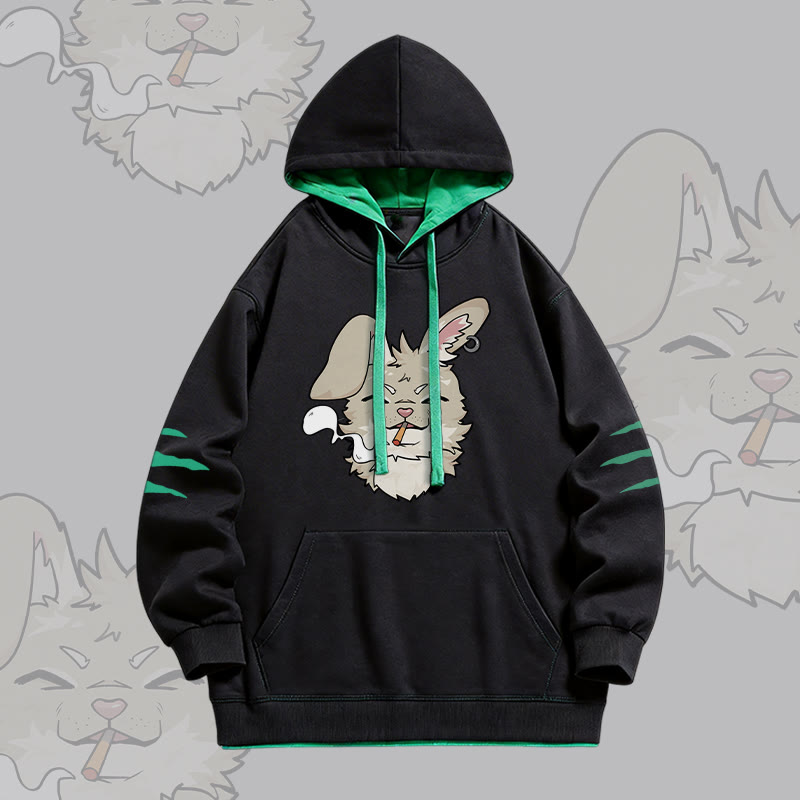NABI Smoking Bunny Graphic Modakawa Oversized Contrast Lining Pullover Hoodie - Black - 4XL - image 2