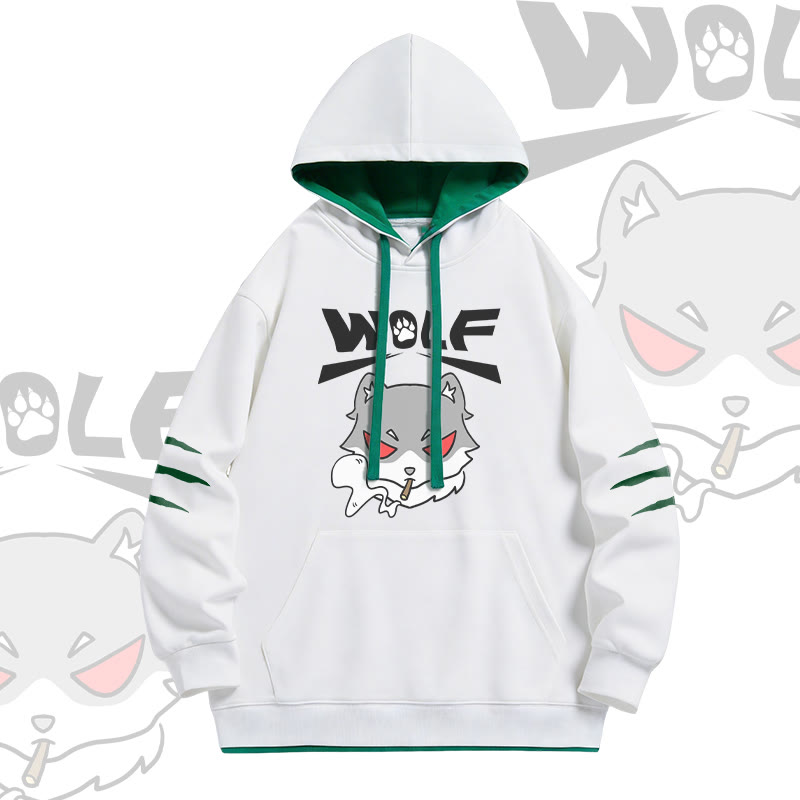 Smoking Wolf Graphic Modakawa Oversized Contrast Lining Pullover Hoodie - White - 4XL - image 2