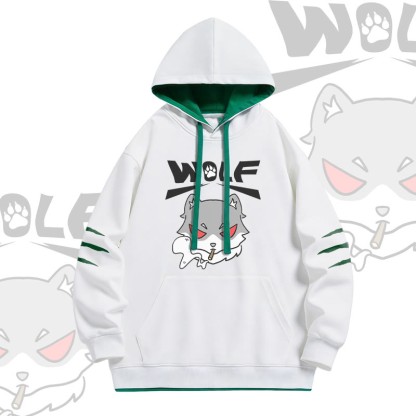 Smoking Wolf Graphic Modakawa Oversized Contrast Lining Pullover Hoodie - White - 4XL - image 2