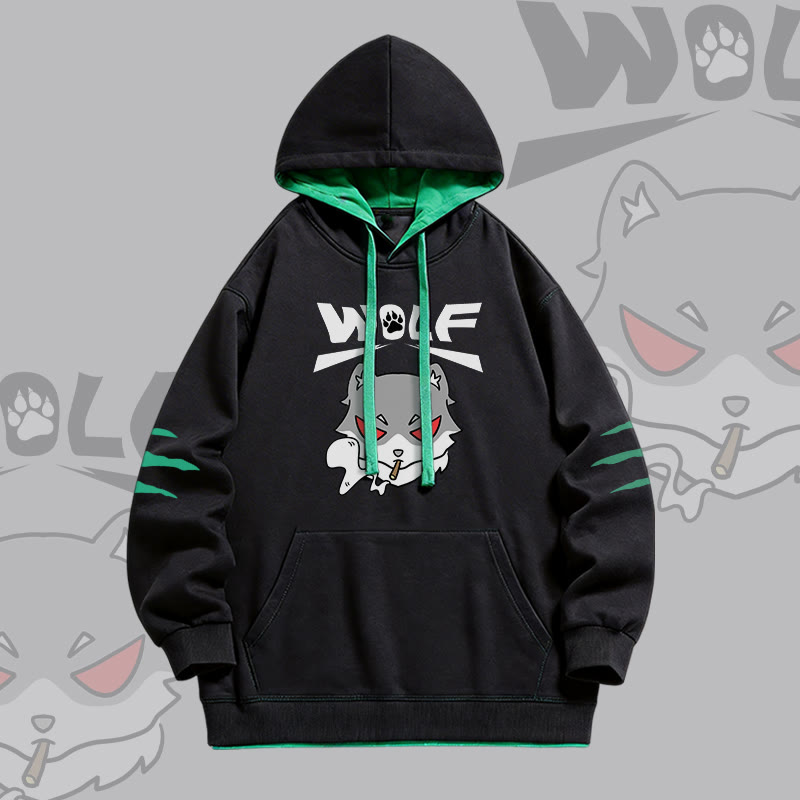 Smoking Wolf Graphic Modakawa Oversized Contrast Lining Pullover Hoodie - Black - 4XL - image 1