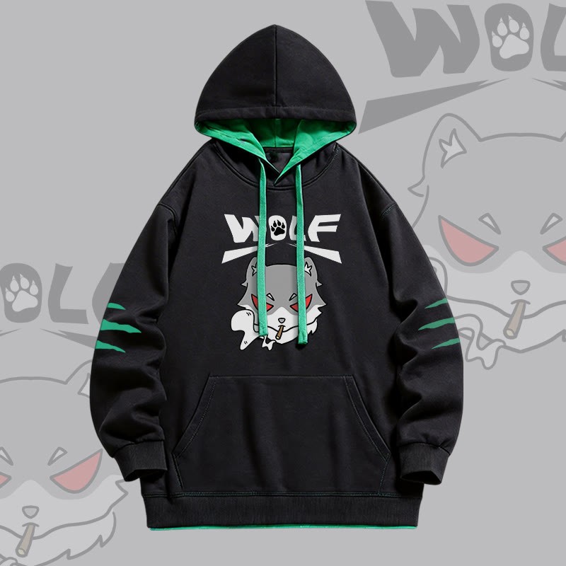Smoking Wolf Graphic Modakawa Oversized Contrast Lining Pullover Hoodie - Black - 4XL - image 1