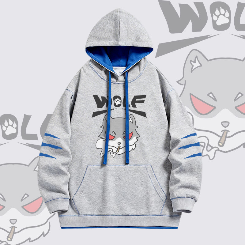 Smoking Wolf Graphic Modakawa Oversized Contrast Lining Pullover Hoodie - Grey - 4XL - image 3