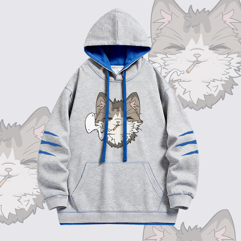 Smoking Cat Graphic Modakawa Oversized Contrast Lining Pullover Hoodie - Grey - 4XL - image 1