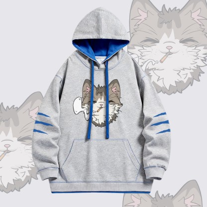 Smoking Cat Graphic Modakawa Oversized Contrast Lining Pullover Hoodie - Grey - 4XL - image 1