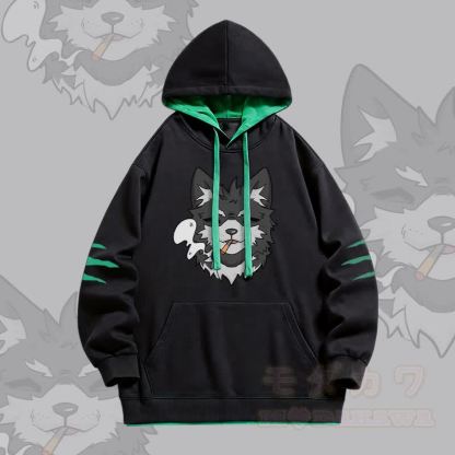 KODA スモーキング・パピー グラフィックModakawaオーバーサイズ コントラスト裏地 プルオーバー パーカー - 黒 - 4XL - image 1