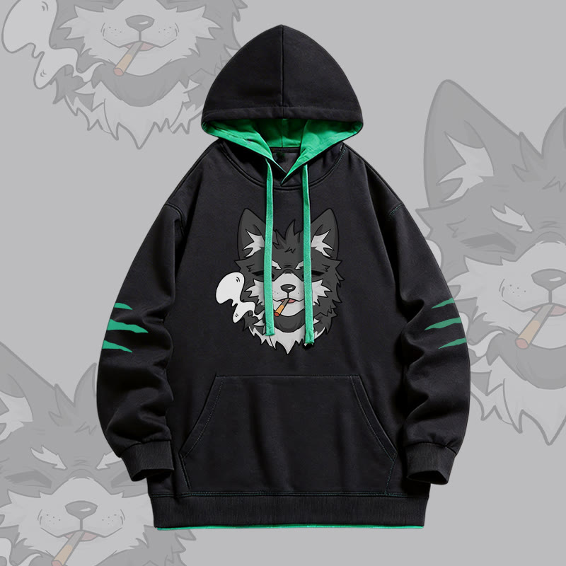 KODA Smoking Puppy Graphic Modakawa Oversized Contrast Lining Pullover Hoodie - Black - 4XL - image 1