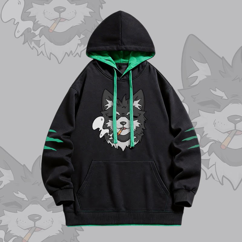 KODA Smoking Puppy Graphic Modakawa Oversized Contrast Lining Pullover Hoodie - Black - 4XL - image 1