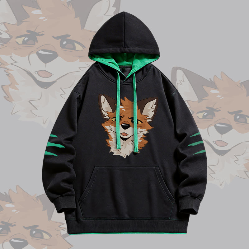 MODAKAWA X atka Squinty Fox Graphic Oversized Contrast Lining Pullover Hoodie - Black - 4XL - image 2