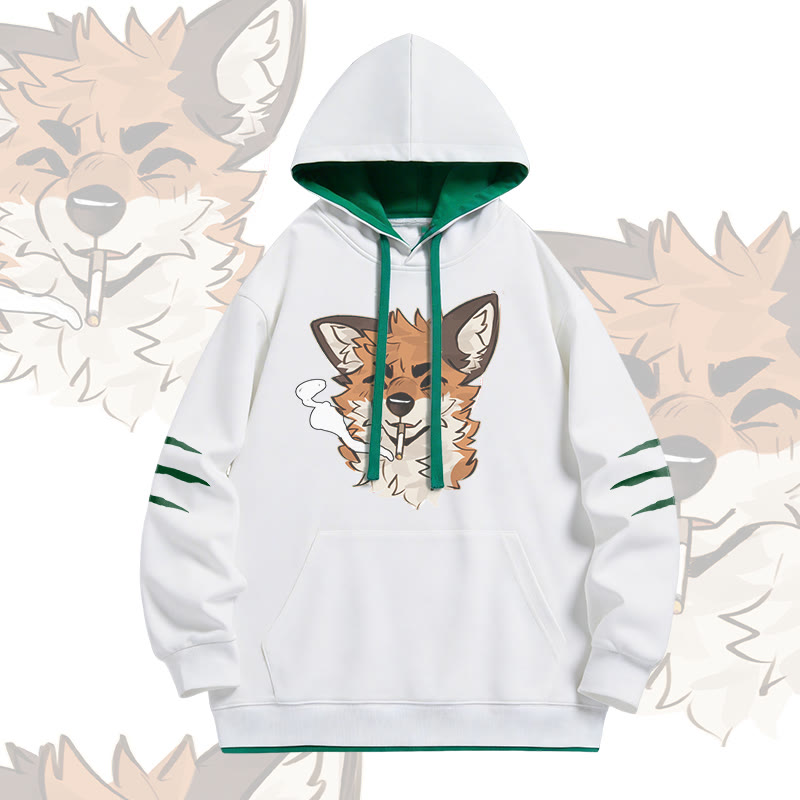 MODAKAWA X atka Fox Smoking Graphic Oversized Contrast Lining Pullover Hoodie - White - 4XL - image 2