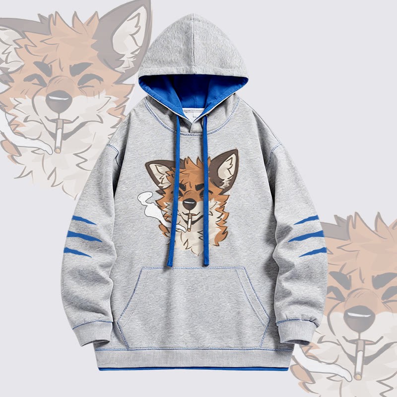 MODAKAWA X atka Fox Smoking Graphic Oversized Contrast Lining Pullover Hoodie - Grey - 4XL - image 3