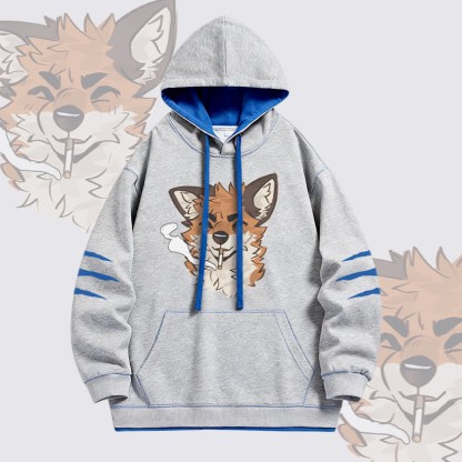 MODAKAWA X atka Fox Smoking Graphic Oversized Contrast Lining Pullover Hoodie - Grey - 4XL - image 3