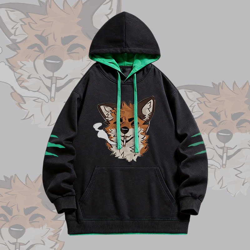 MODAKAWA X atka Fox Smoking Graphic Oversized Contrast Lining Pullover Hoodie - Black - 4XL - image 1