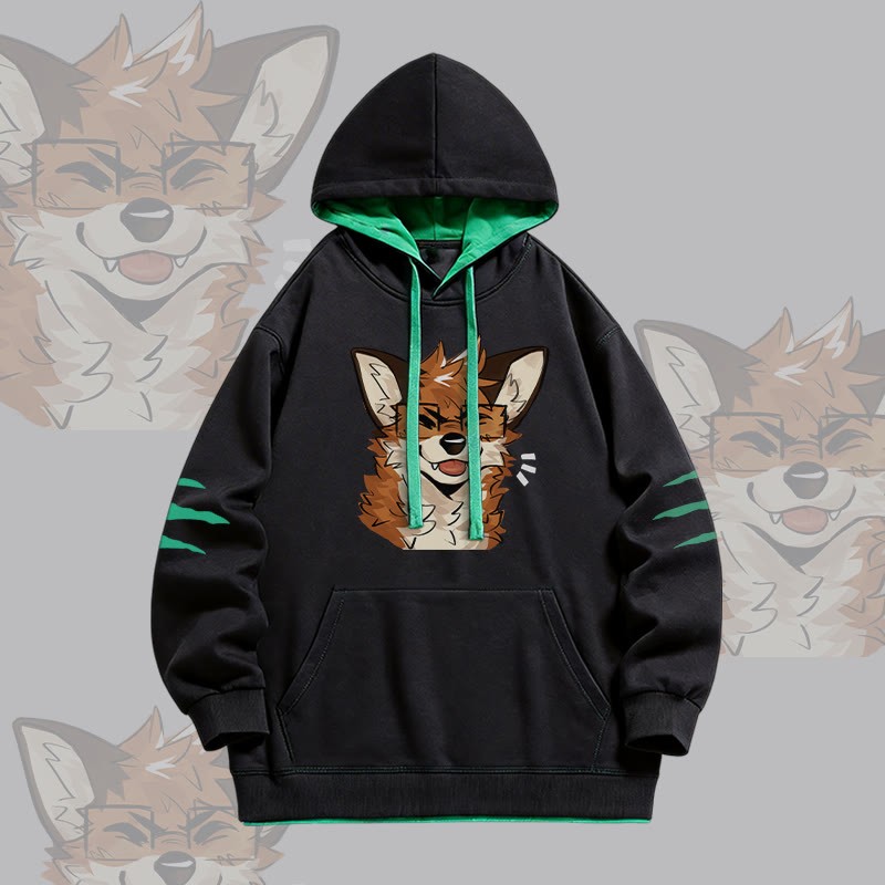 MODAKAWA X atka Fox Wearing Glasses Graphic Oversized Contrast Lining Pullover Hoodie - Black - 4XL - image 2