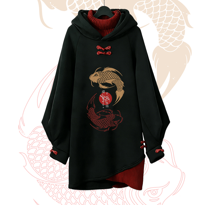 鯉グラフィックModakawaバックル ヴィンテージ フード付きスウェットシャツドレス - Red - 3XL - image 1