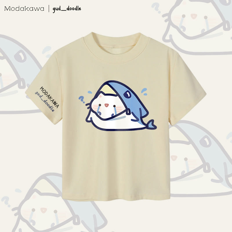 MODAKAWA X gud_doodleシャークキャットグラフィック レディース クロップドTシャツ 92% コーマ綿クロップトップ - Apricot - XL - image 1