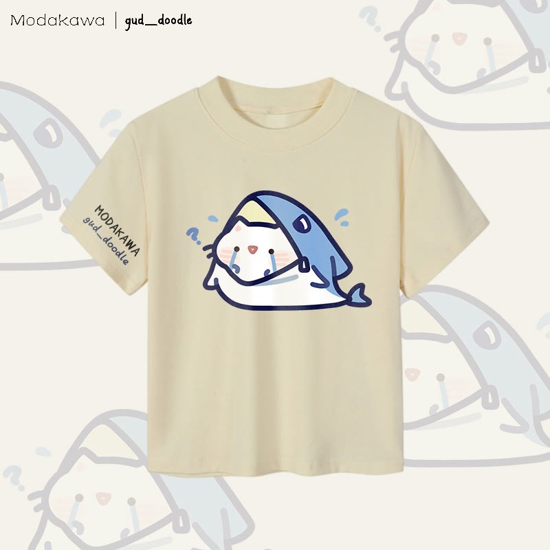 MODAKAWA X gud_doodleシャークキャットグラフィック レディース クロップドTシャツ 92% コーマ綿クロップトップ - Apricot - XL - image 1