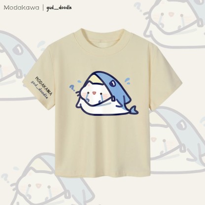 MODAKAWA X gud_doodleシャークキャットグラフィック レディース クロップドTシャツ 92% コーマ綿クロップトップ - Apricot - XL - image 1