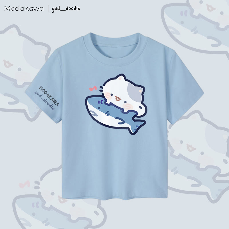 MODAKAWA X gud_doodleキャットシャークグラフィック レディース クロップドTシャツ 92% コーマ綿クロップトップ - Blue - XL - image 1
