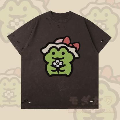 フラワーフロッググラフィックModakawaリップドTシャツ - ダークブラウン - 2XL - image 3