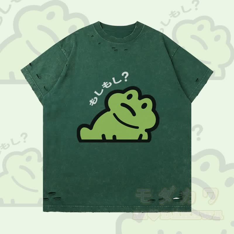 面白いカエルのグラフィックのModakawa破れTシャツ - ダークグリーン - 2XL - image 2