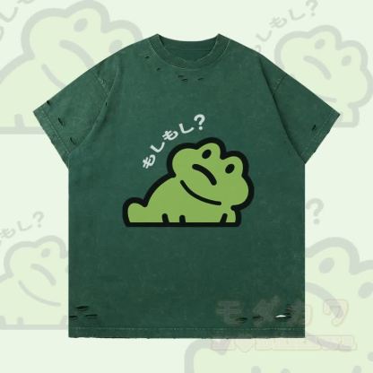 面白いカエルのグラフィックのModakawa破れTシャツ - ダークグリーン - 2XL - image 2