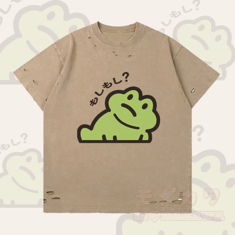 面白いカエルのグラフィックのModakawa破れTシャツ - 茶色 - 2XL - image 1