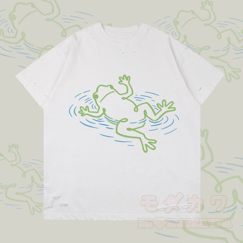 フローティングフロッググラフィックModakawaリップドTシャツ - 白 - 2XL - image 4