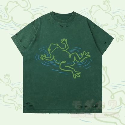 フローティングフロッググラフィックModakawaリップドTシャツ - ダークグリーン - 2XL - image 1