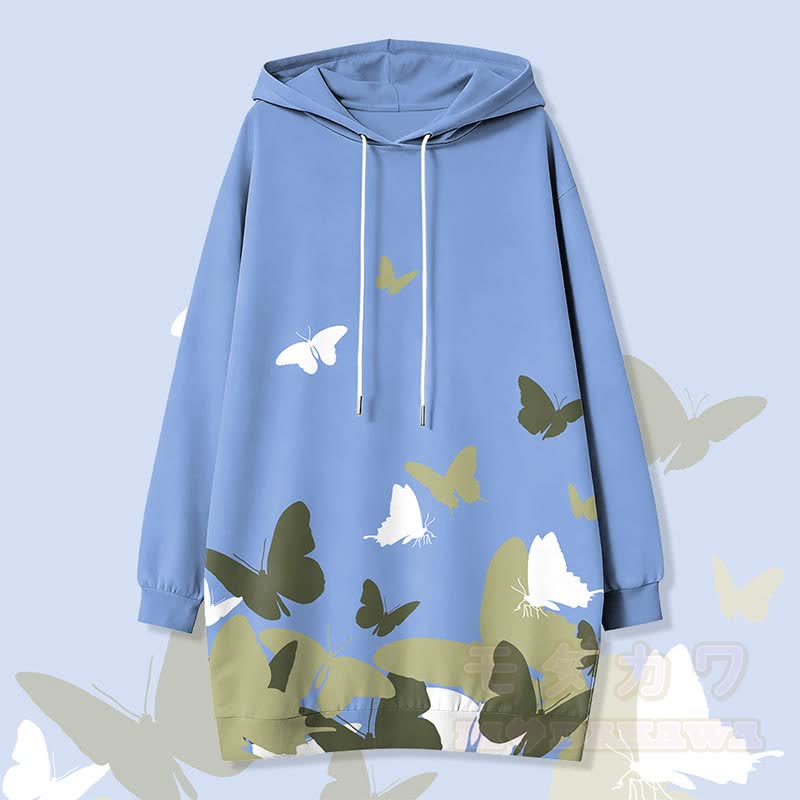 バタフライグラフィックModakawaカワフード付きスウェットシャツドレス（サイドポケット付き） - 青 - 4XL - image 2