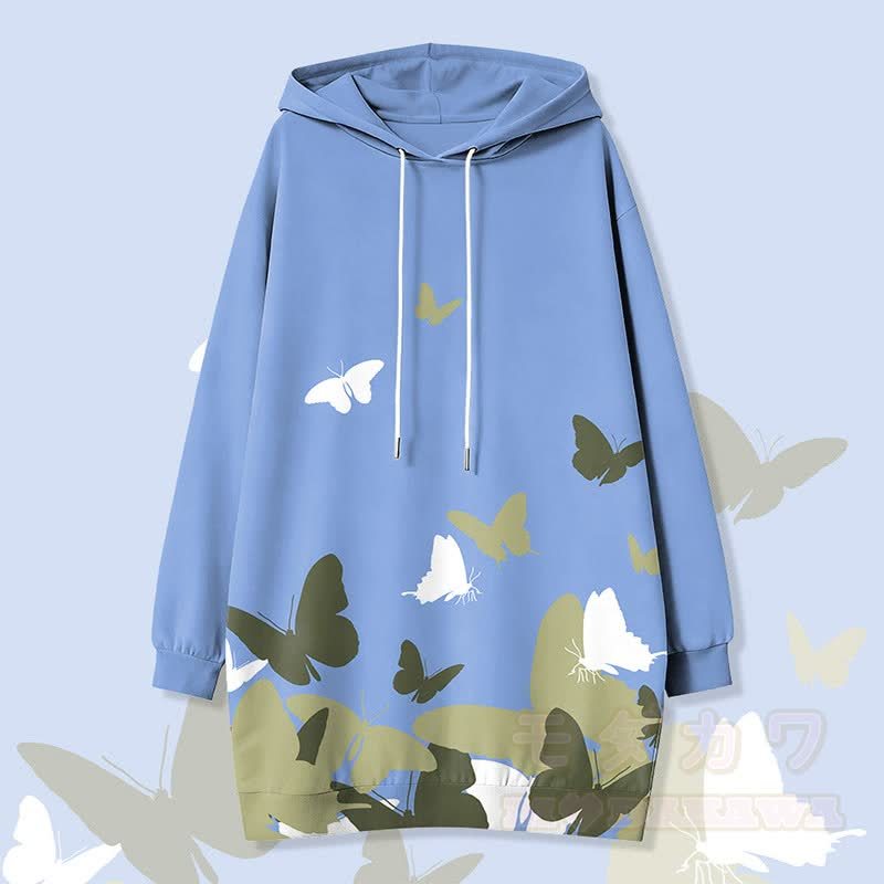 バタフライグラフィックModakawaカワフード付きスウェットシャツドレス（サイドポケット付き） - 青 - 4XL - image 2