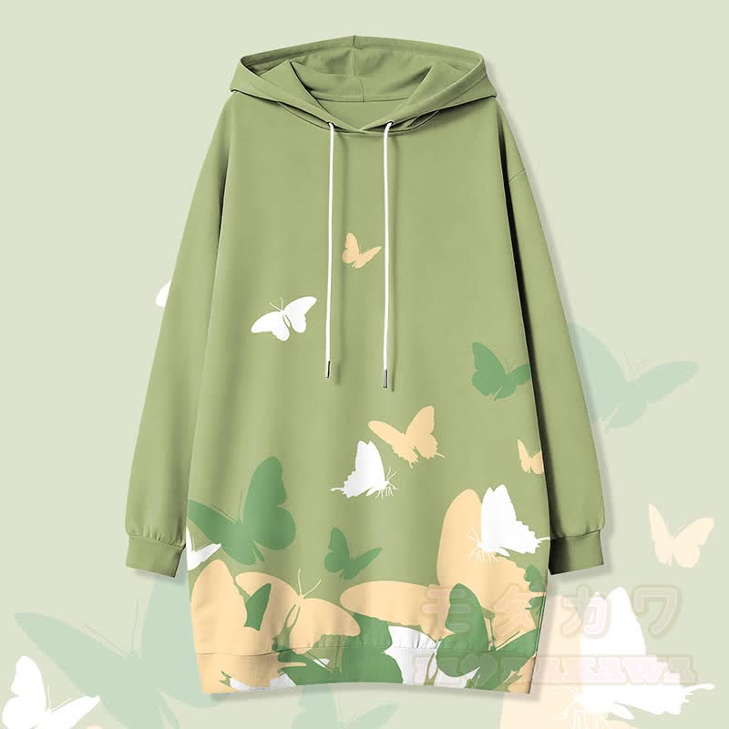 バタフライグラフィックModakawaカワフード付きスウェットシャツドレス（サイドポケット付き） - 緑 - 4XL - image 1