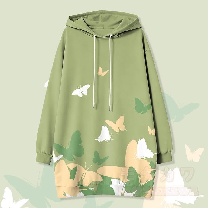 バタフライグラフィックModakawaカワフード付きスウェットシャツドレス（サイドポケット付き） - 緑 - 4XL - image 1