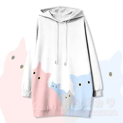 キャットクラウドグラフィックModakawaカワフード付きスウェットシャツドレス（サイドポケット付き） - 白 - 4XL - image 3