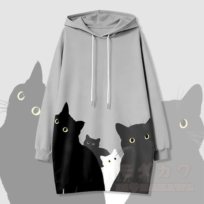 キャットクラウドグラフィックModakawaカワフード付きスウェットシャツドレス（サイドポケット付き） - グレー - 4XL - image 2