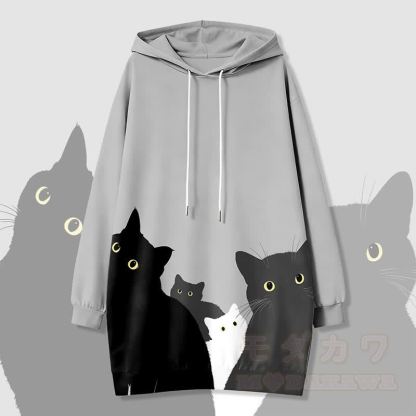 キャットクラウドグラフィックModakawaカワフード付きスウェットシャツドレス（サイドポケット付き） - グレー - 4XL - image 2