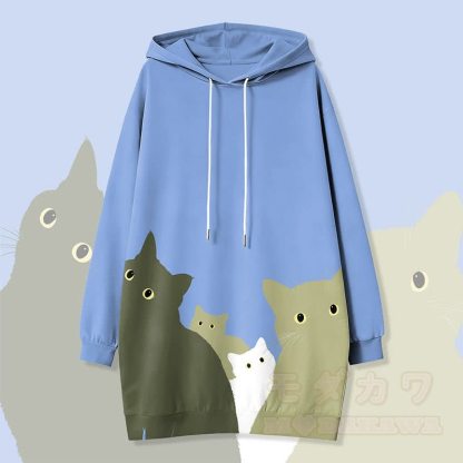 キャットクラウドグラフィックModakawaカワフード付きスウェットシャツドレス（サイドポケット付き） - 青 - 4XL - image 1